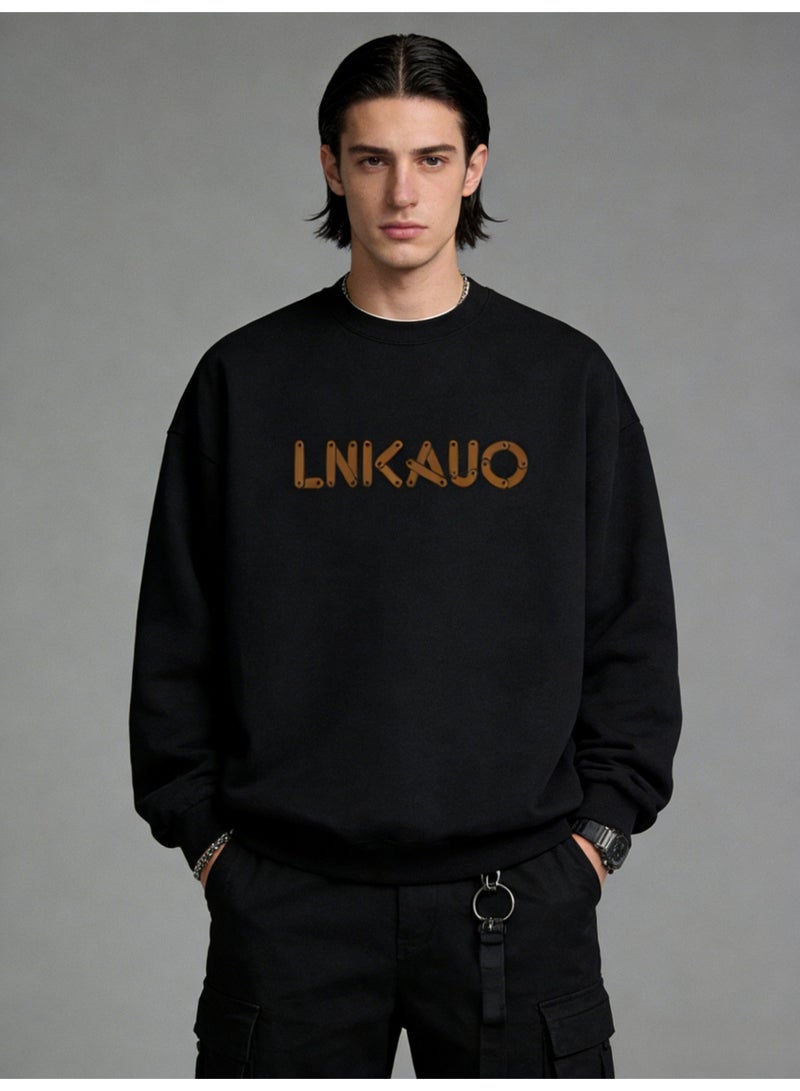 BM INS Black "LNKAUO" Industrial Letter Oversized Crew Neck Sweatshirt | Unisex Pullover With Rivet Detail Print - Image 1
